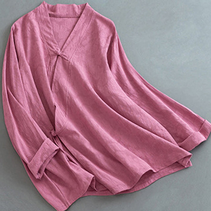 Chemise décontractée à manches longues en coton et lin pour femme, motif Buddha Stones, couleur unie, bouton grenouille, style zen