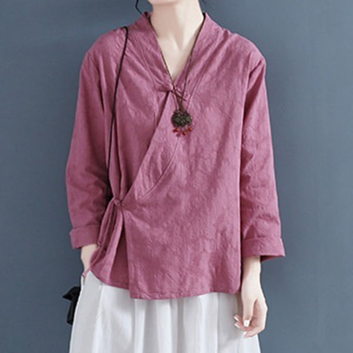 Chemise décontractée à manches longues en coton et lin pour femme, motif Buddha Stones, couleur unie, bouton grenouille, style zen