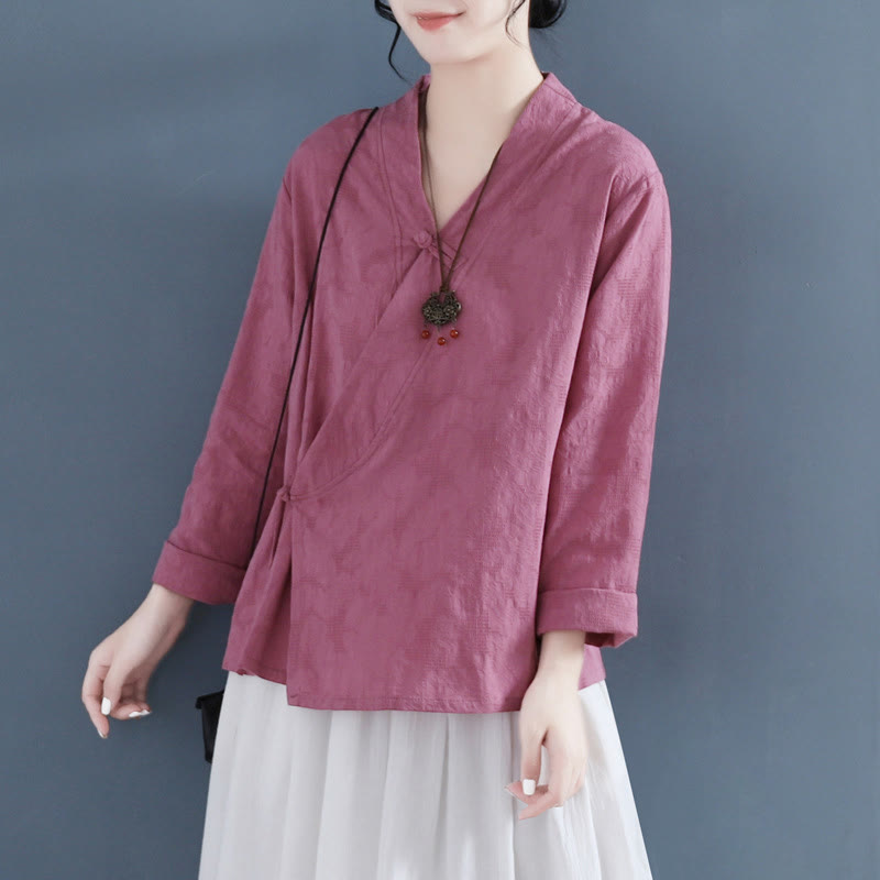 Chemise décontractée à manches longues en coton et lin pour femme, motif Buddha Stones, couleur unie, bouton grenouille, style zen