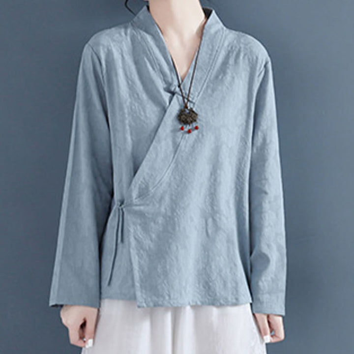 Chemise décontractée à manches longues en coton et lin pour femme, motif Buddha Stones, couleur unie, bouton grenouille, style zen
