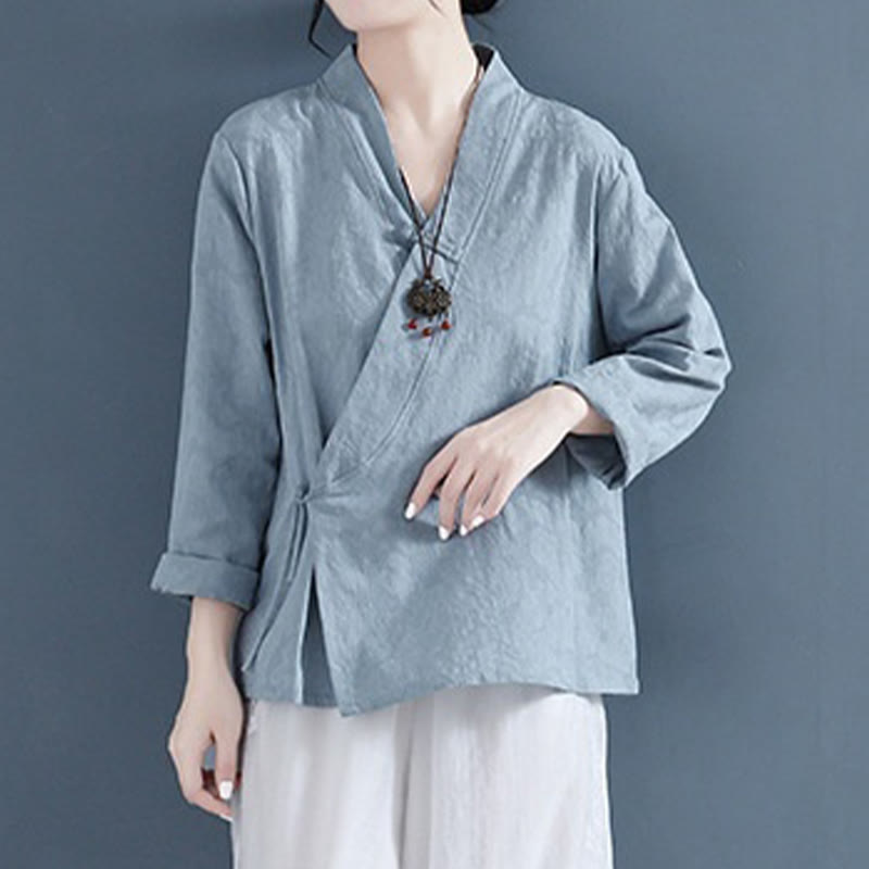 Chemise décontractée à manches longues en coton et lin pour femme, motif Buddha Stones, couleur unie, bouton grenouille, style zen