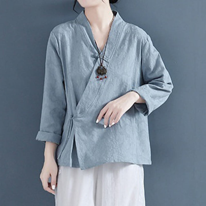 Chemise décontractée à manches longues en coton et lin pour femme, motif Buddha Stones, couleur unie, bouton grenouille, style zen