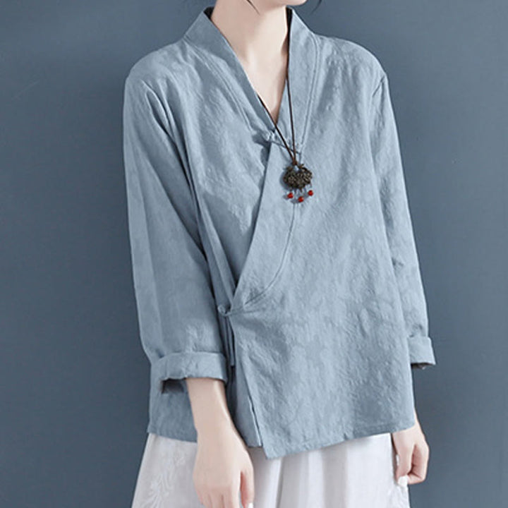 Chemise décontractée à manches longues en coton et lin pour femme, motif Buddha Stones, couleur unie, bouton grenouille, style zen
