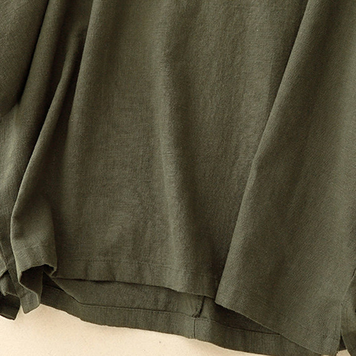 T-shirt décontracté uni à col ras du cou et manches mi-longues en coton et lin pour femme avec Buddha Stones - image 11