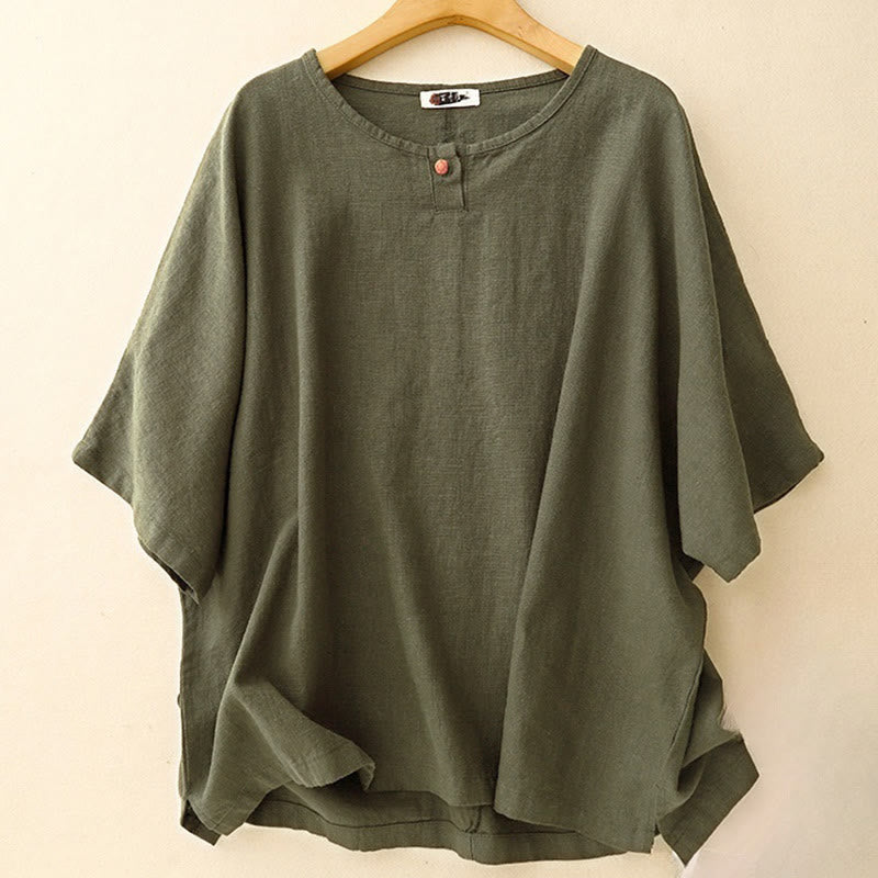 T-shirt décontracté uni à col ras du cou et manches mi-longues en coton et lin pour femme avec Buddha Stones