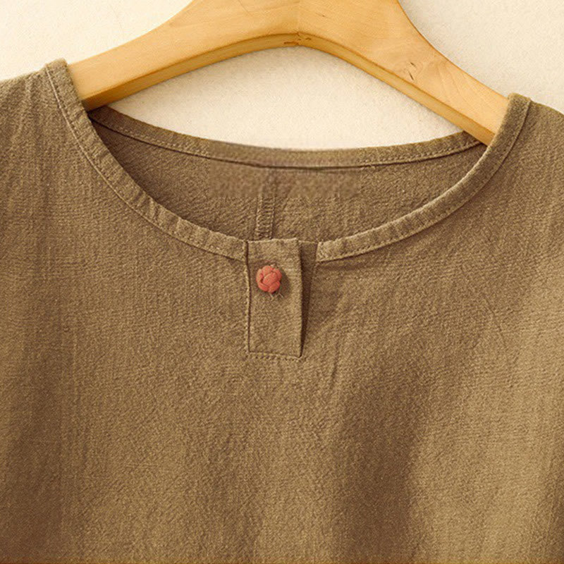 T-shirt décontracté uni à col ras du cou et manches mi-longues en coton et lin pour femme avec Buddha Stones