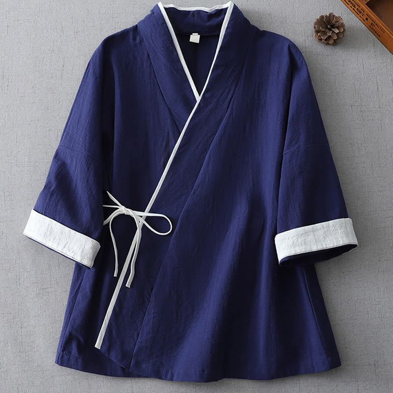 Chemise décontractée en coton et lin pour femme, motif Buddha Stones, coutures colorées, col en V, manches trois-quarts - Marine - US8-10，UK/AU12-14，EU40-42 (2XL) - image 0