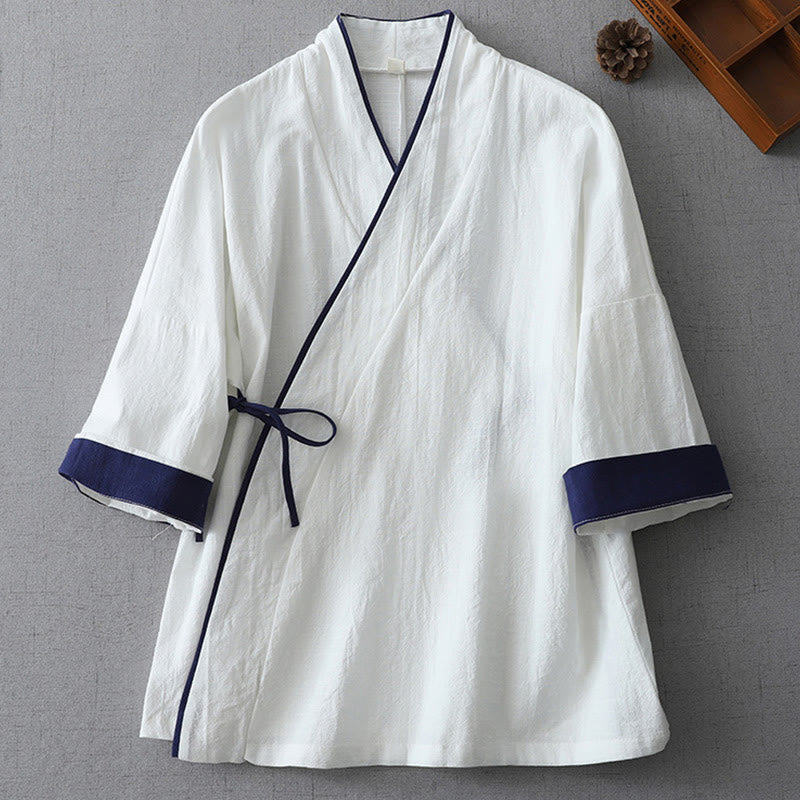 Chemise décontractée en coton et lin pour femme, motif Buddha Stones, coutures colorées, col en V, manches trois-quarts - Blanc - US8-10，UK/AU12-14，EU40-42 (2XL) - image 5