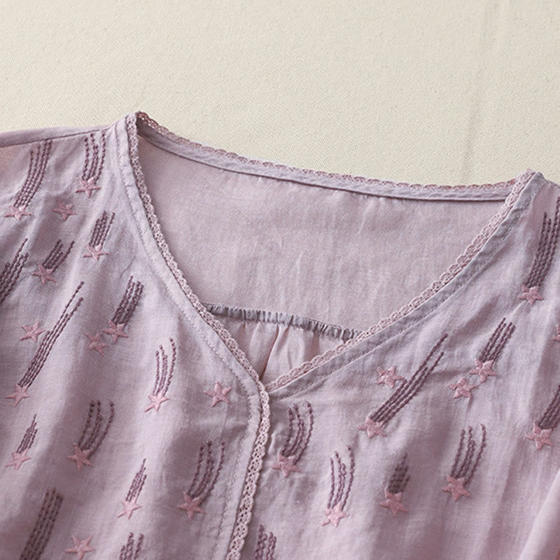 Chemise décontractée en coton et lin pour femme, motif Buddha Stones, broderie étoile filante, col en V, manches mi-longues - image 1