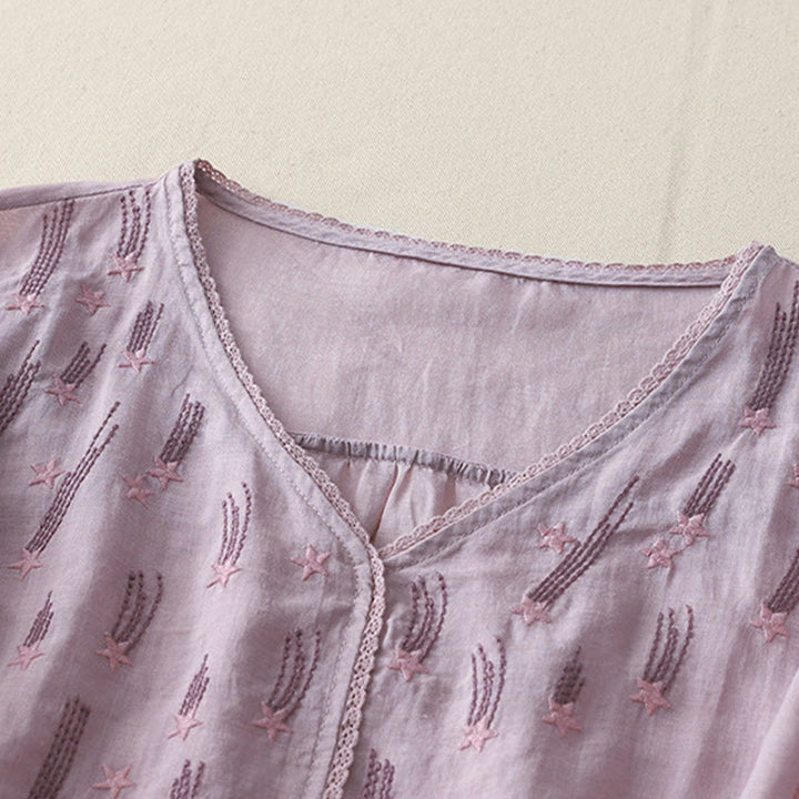 Chemise décontractée en coton et lin pour femme, motif Buddha Stones, broderie étoile filante, col en V, manches mi-longues - image 1