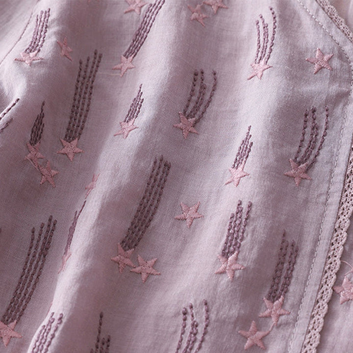 Chemise décontractée en coton et lin pour femme, motif Buddha Stones, broderie étoile filante, col en V, manches mi-longues - image 5