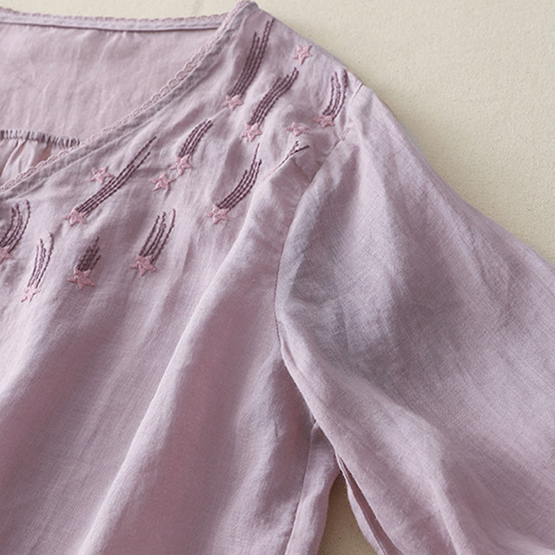 Chemise décontractée en coton et lin pour femme, motif Buddha Stones, broderie étoile filante, col en V, manches mi-longues - image 8