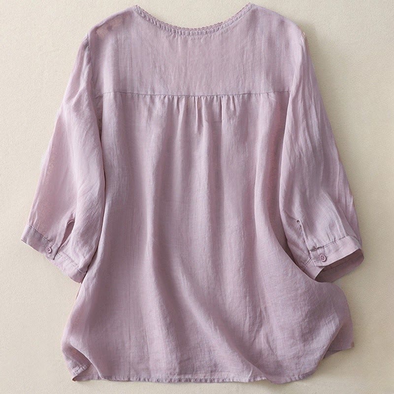 Chemise décontractée en coton et lin pour femme, motif Buddha Stones, broderie étoile filante, col en V, manches mi-longues - image 2