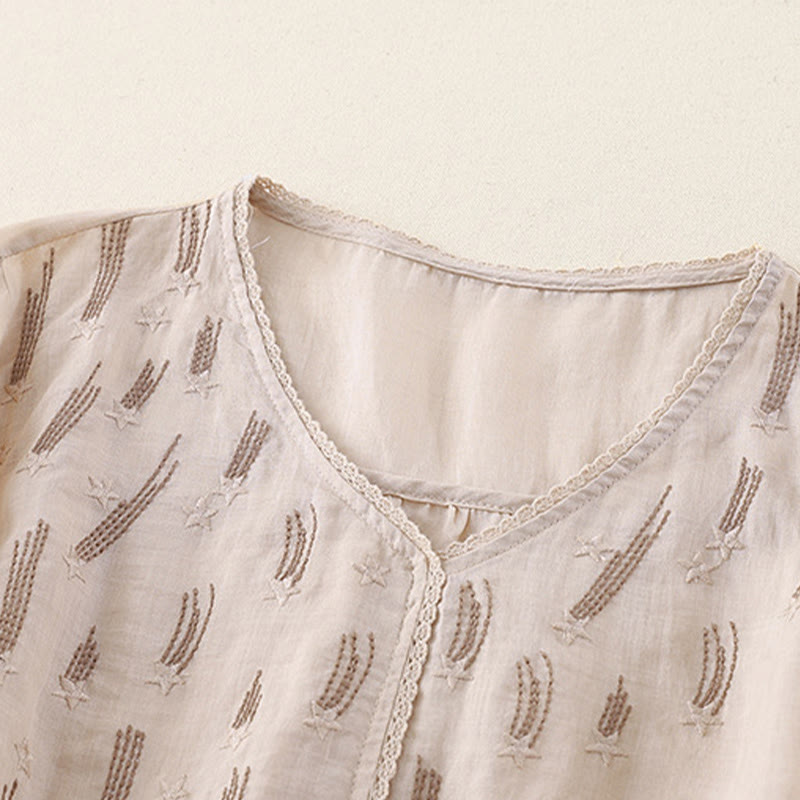 Chemise décontractée en coton et lin pour femme, motif Buddha Stones, broderie étoile filante, col en V, manches mi-longues - image 18