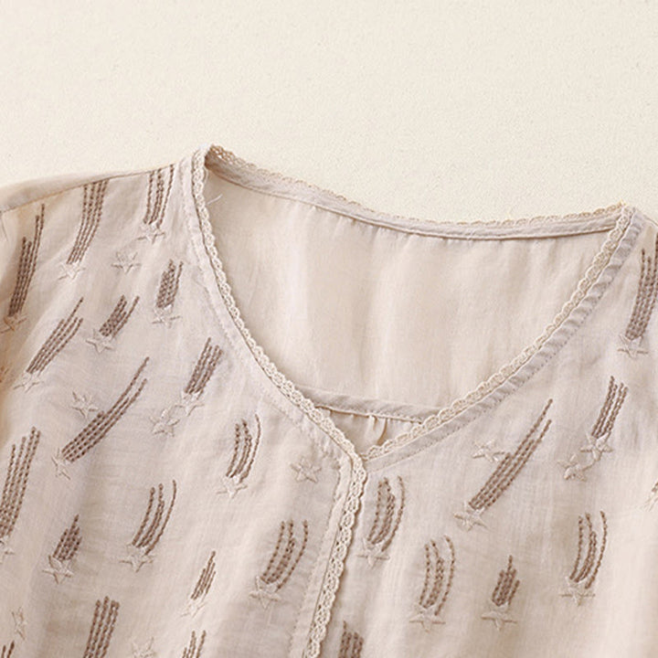 Chemise décontractée en coton et lin pour femme, motif Buddha Stones, broderie étoile filante, col en V, manches mi-longues - image 18