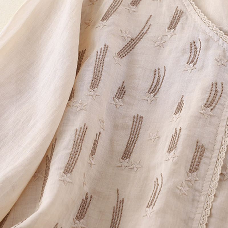 Chemise décontractée en coton et lin pour femme, motif Buddha Stones, broderie étoile filante, col en V, manches mi-longues - image 15