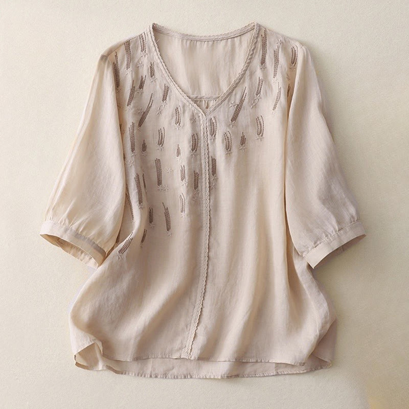 Chemise décontractée en coton et lin pour femme, motif Buddha Stones, broderie étoile filante, col en V, manches mi-longues - Beige - US8-10，UK/AU12-14，EU40-42 (2XL) - image 14