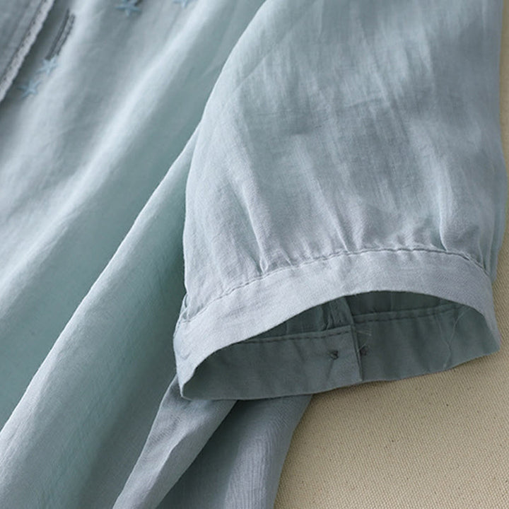 Chemise décontractée en coton et lin pour femme, motif Buddha Stones, broderie étoile filante, col en V, manches mi-longues - image 22