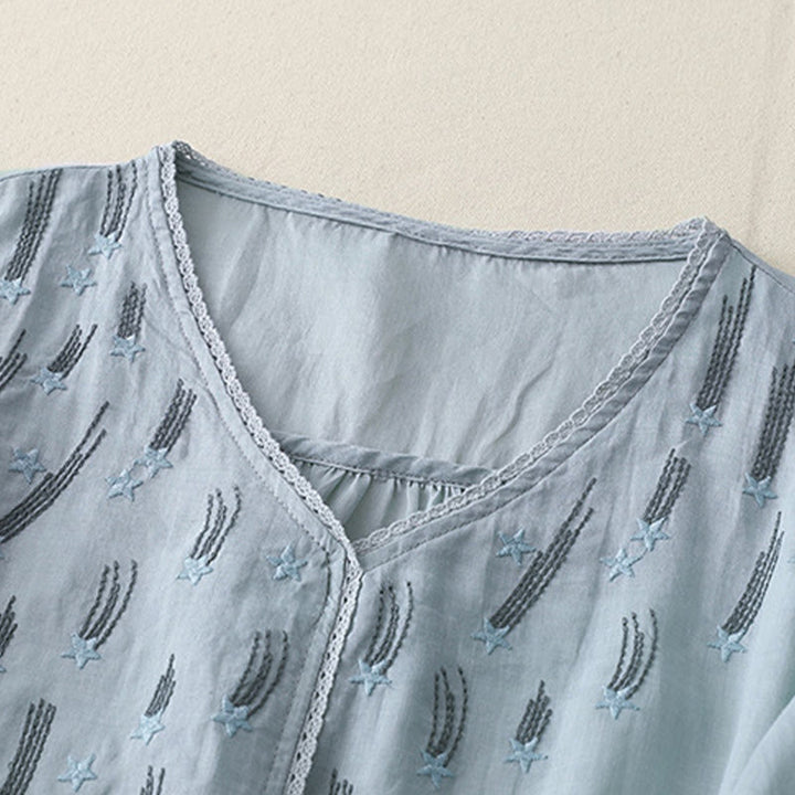 Chemise décontractée en coton et lin pour femme, motif Buddha Stones, broderie étoile filante, col en V, manches mi-longues - image 20