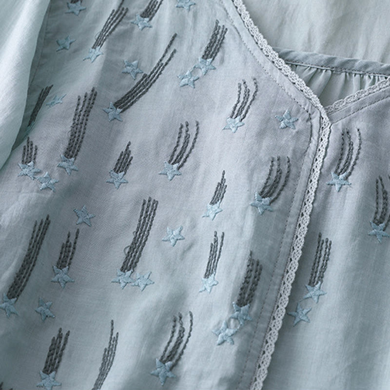 Chemise décontractée en coton et lin pour femme, motif Buddha Stones, broderie étoile filante, col en V, manches mi-longues - image 21