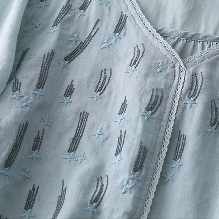 Chemise décontractée en coton et lin pour femme, motif Buddha Stones, broderie étoile filante, col en V, manches mi-longues - image 21