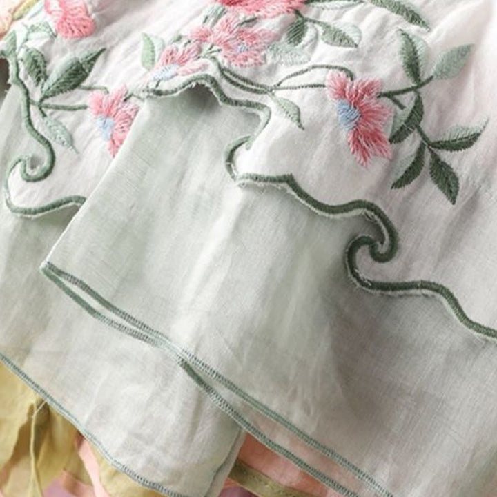 Chemise décontractée en coton à manches trois-quarts pour femme, Buddha Stones, fleurs brodées, feuilles, grenouille, boutons