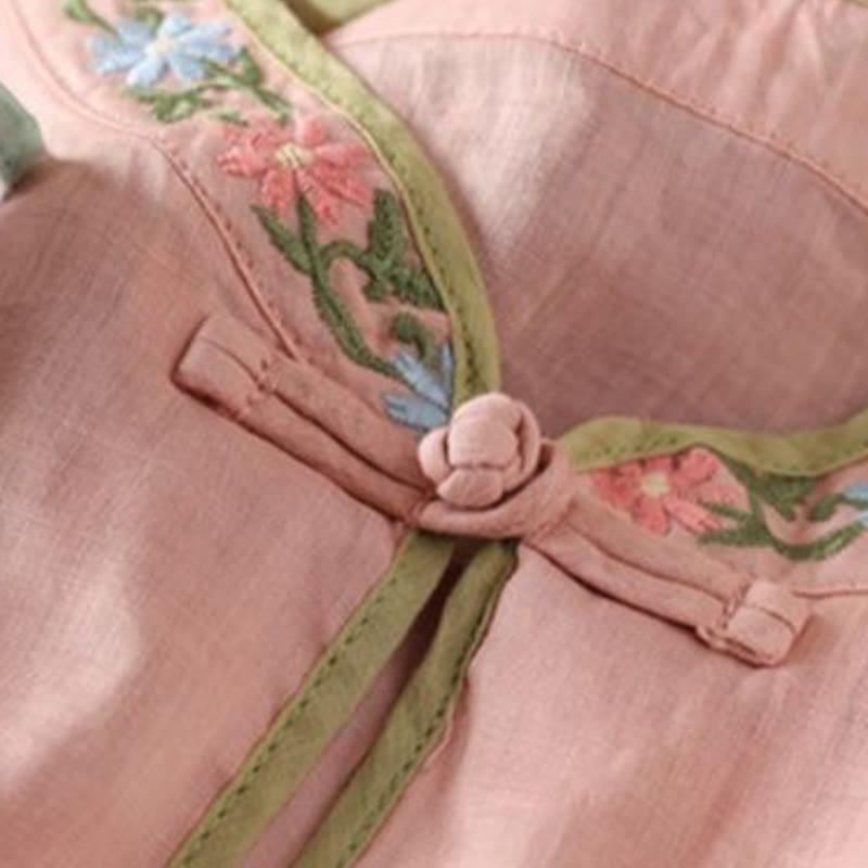 Chemise décontractée en coton à manches trois-quarts pour femme, Buddha Stones, fleurs brodées, feuilles, grenouille, boutons