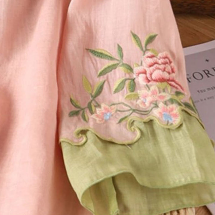Chemise décontractée en coton à manches trois-quarts pour femme, Buddha Stones, fleurs brodées, feuilles, grenouille, boutons