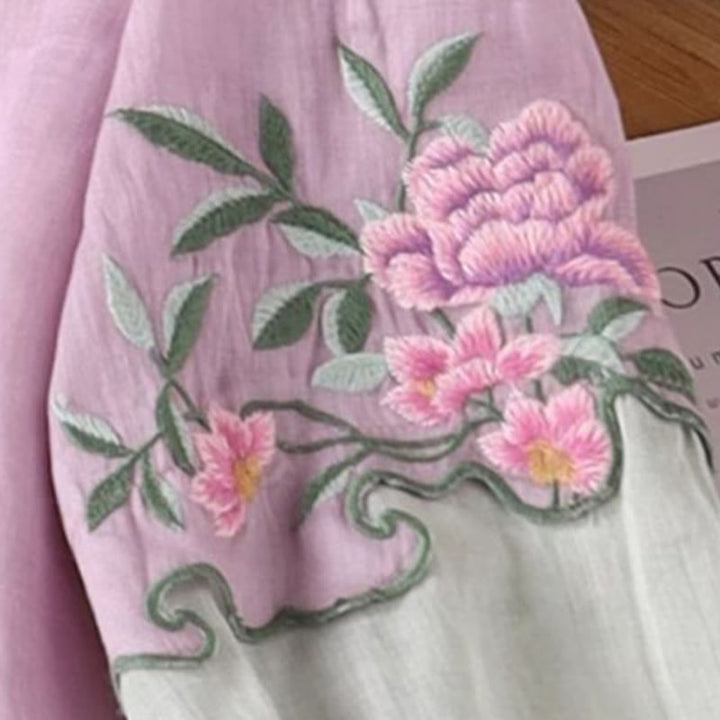 Chemise décontractée en coton à manches trois-quarts pour femme, Buddha Stones, fleurs brodées, feuilles, grenouille, boutons