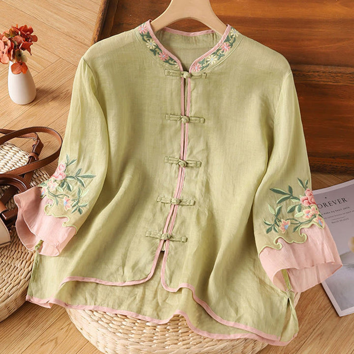 Chemise décontractée en coton à manches trois-quarts pour femme, Buddha Stones, fleurs brodées, feuilles, grenouille, boutons