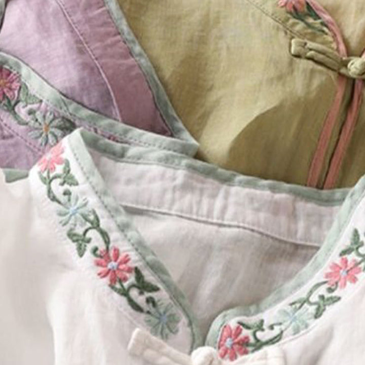 Chemise décontractée en coton à manches trois-quarts pour femme, Buddha Stones, fleurs brodées, feuilles, grenouille, boutons