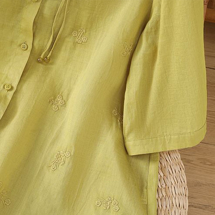 Chemise décontractée en coton à manches trois-quarts et boutons pour femme, motif Buddha Stones et fleurs brodées