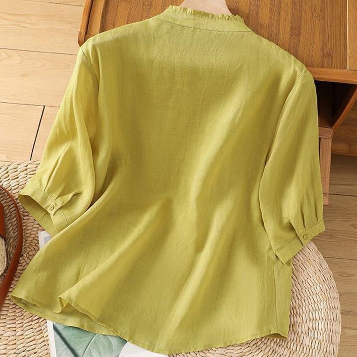 Chemise décontractée en coton à manches trois-quarts et boutons pour femme, motif Buddha Stones et fleurs brodées