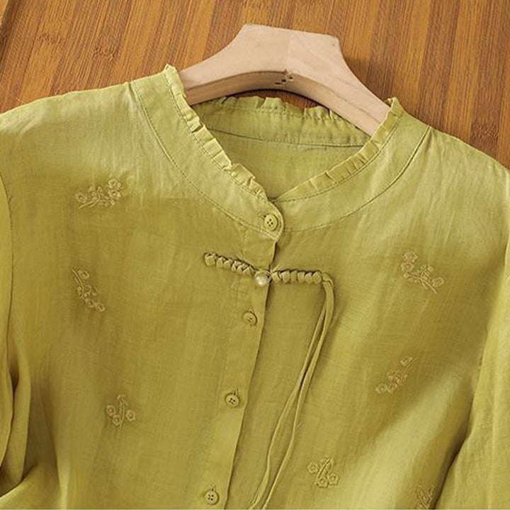 Chemise décontractée en coton à manches trois-quarts et boutons pour femme, motif Buddha Stones et fleurs brodées