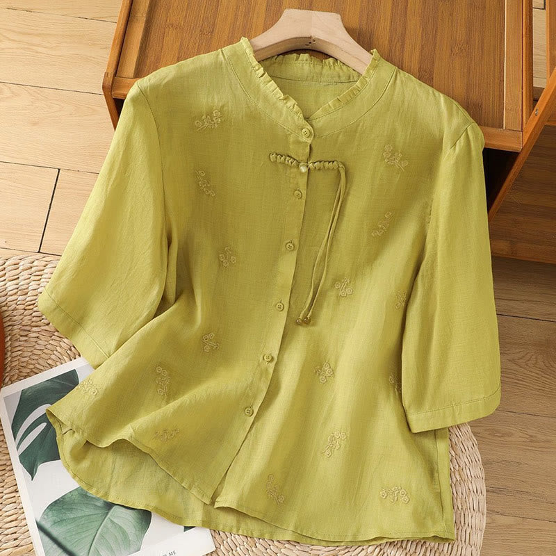 Chemise décontractée en coton à manches trois-quarts et boutons pour femme, motif Buddha Stones et fleurs brodées - Kaki - US12，UK/AU16，EU44 (3XL) - image 0