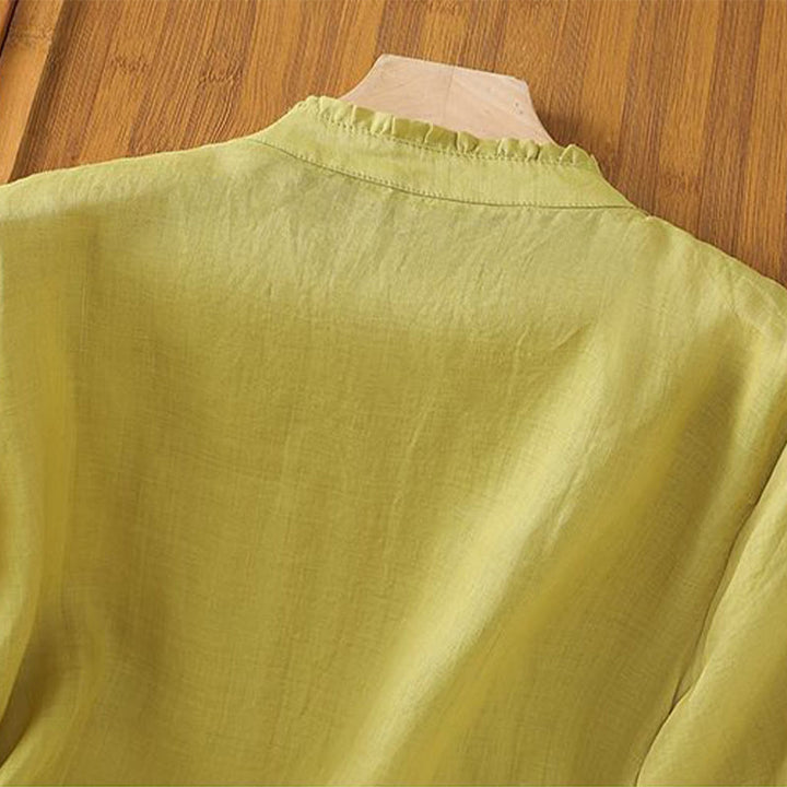 Chemise décontractée en coton à manches trois-quarts et boutons pour femme, motif Buddha Stones et fleurs brodées
