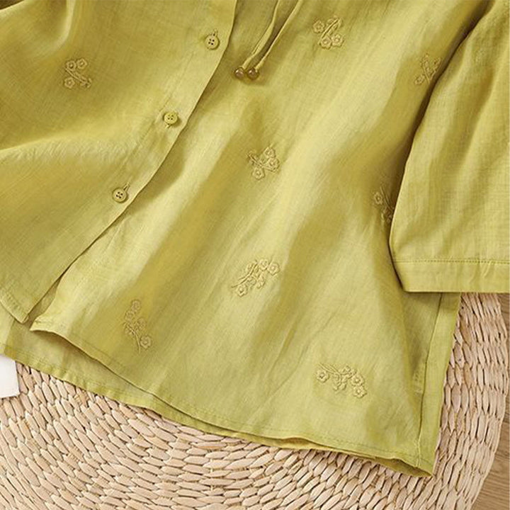 Chemise décontractée en coton à manches trois-quarts et boutons pour femme, motif Buddha Stones et fleurs brodées