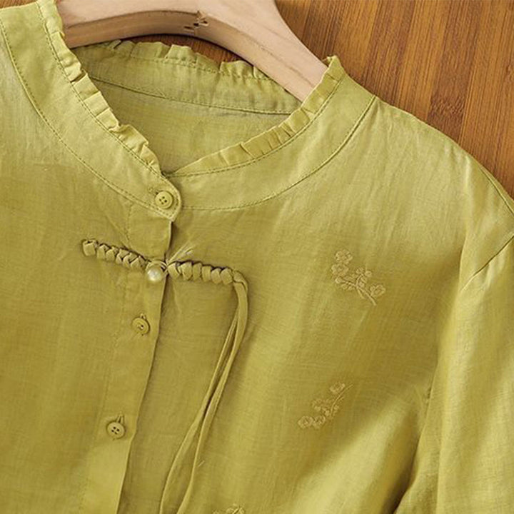 Chemise décontractée en coton à manches trois-quarts et boutons pour femme, motif Buddha Stones et fleurs brodées