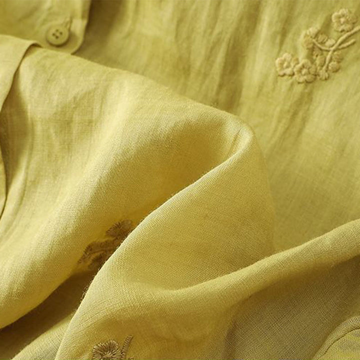 Chemise décontractée en coton à manches trois-quarts et boutons pour femme, motif Buddha Stones et fleurs brodées