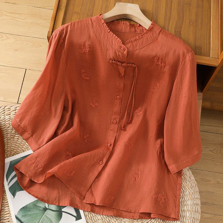 Chemise décontractée en coton à manches trois-quarts et boutons pour femme, motif Buddha Stones et fleurs brodées