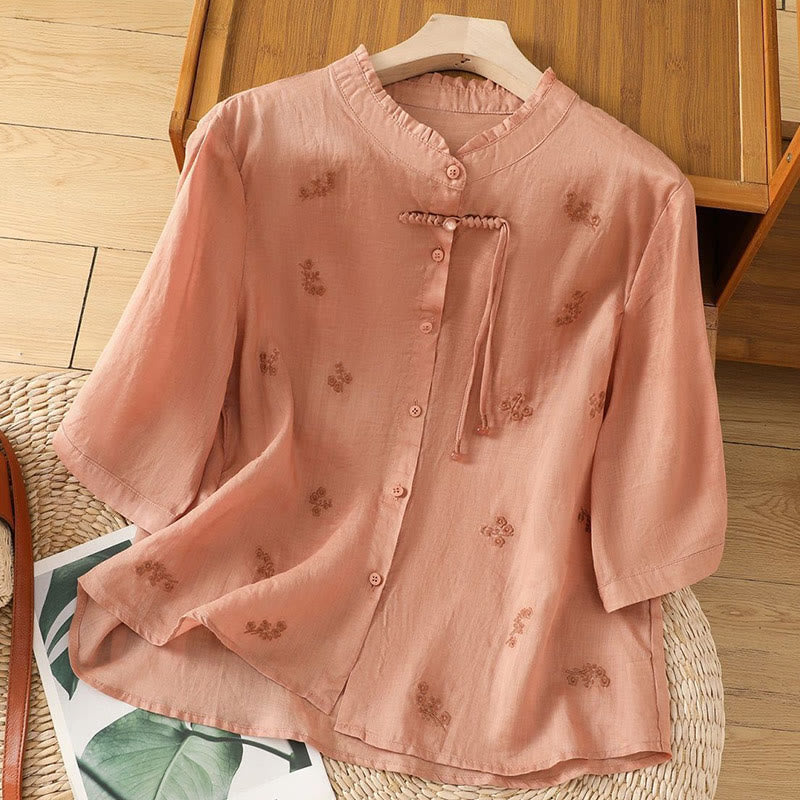 Chemise décontractée en coton à manches trois-quarts et boutons pour femme, motif Buddha Stones et fleurs brodées
