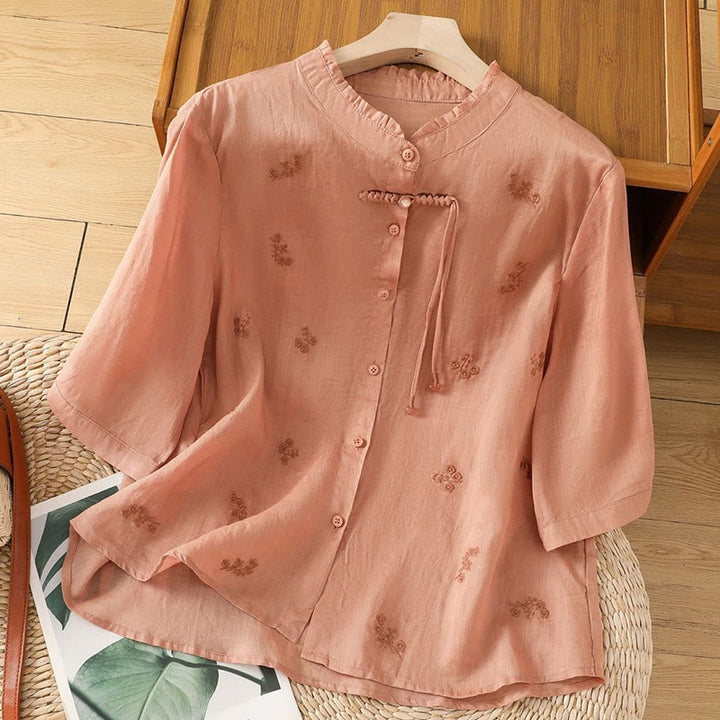 Chemise décontractée en coton à manches trois-quarts et boutons pour femme, motif Buddha Stones et fleurs brodées