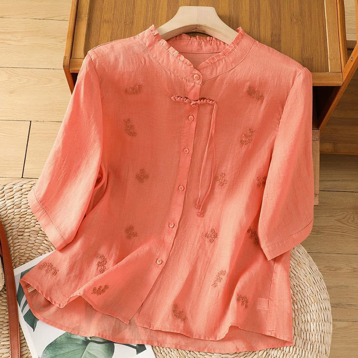 Chemise décontractée en coton à manches trois-quarts et boutons pour femme, motif Buddha Stones et fleurs brodées