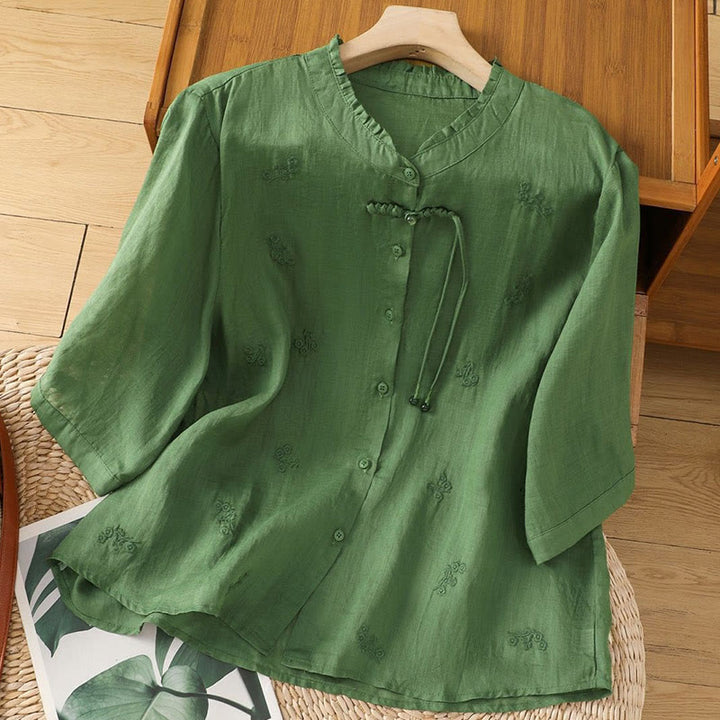 Chemise décontractée en coton à manches trois-quarts et boutons pour femme, motif Buddha Stones et fleurs brodées