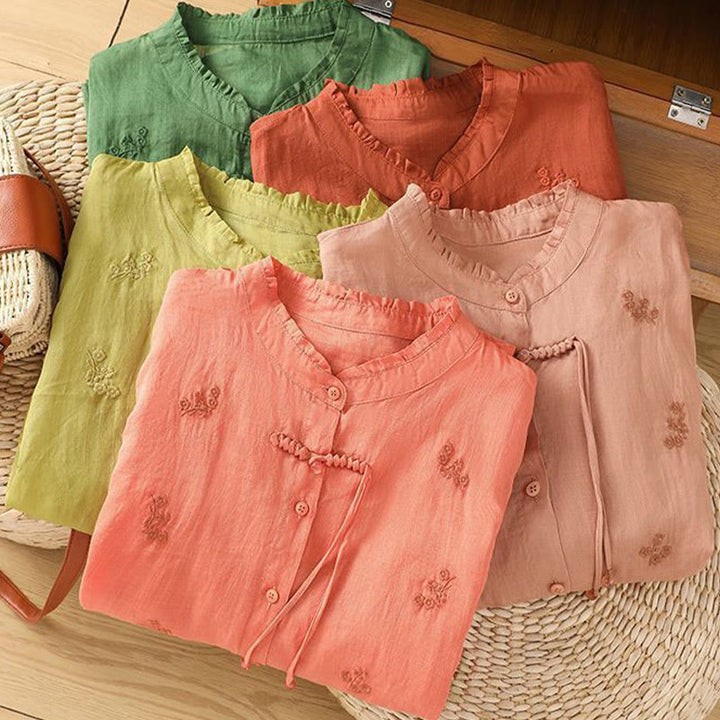 Chemise décontractée en coton à manches trois-quarts et boutons pour femme, motif Buddha Stones et fleurs brodées