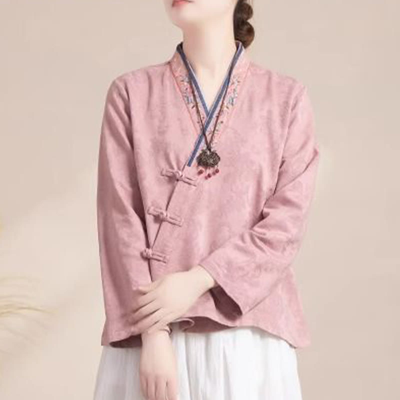 Chemise femme en coton à manches longues et boutons grenouille, motif fleurs brodées de Buddha Stones - Rose - US12，UK/AU16，EU44 (3XL) - image 0