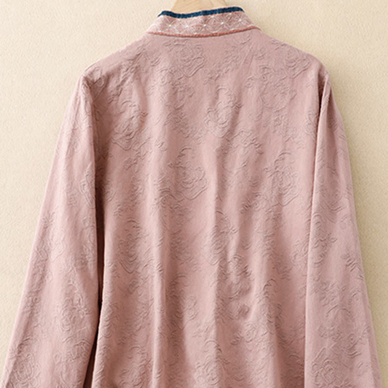 Chemise femme en coton à manches longues et boutons grenouille, motif fleurs brodées de Buddha Stones - image 8