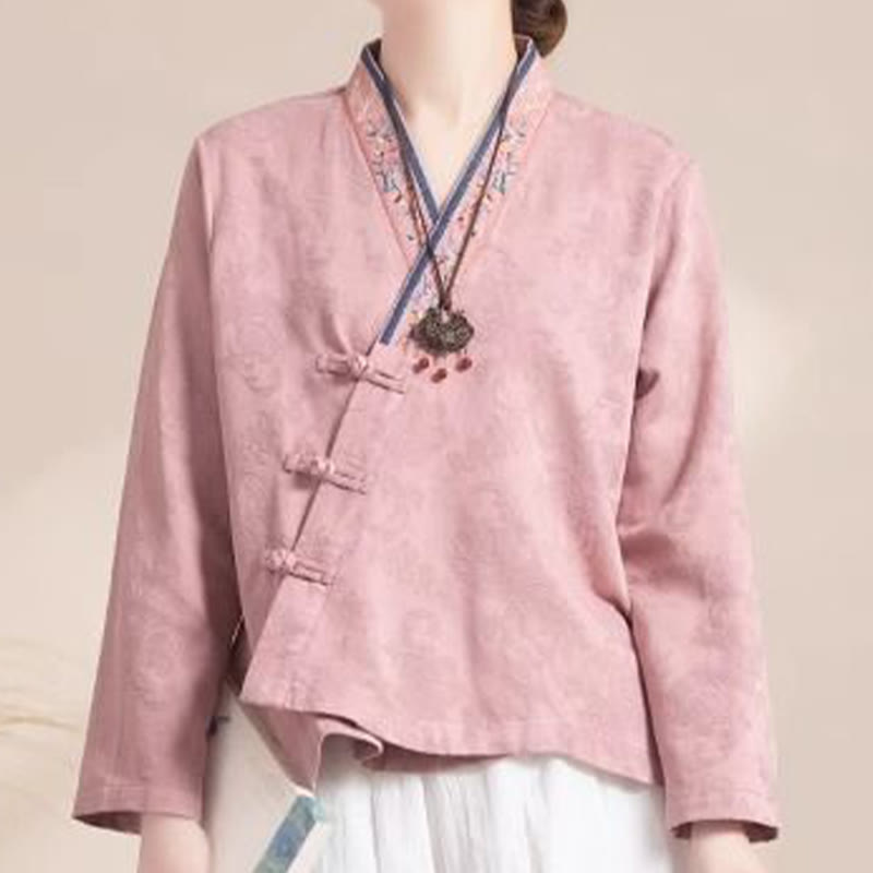 Chemise femme en coton à manches longues et boutons grenouille, motif fleurs brodées de Buddha Stones - image 5