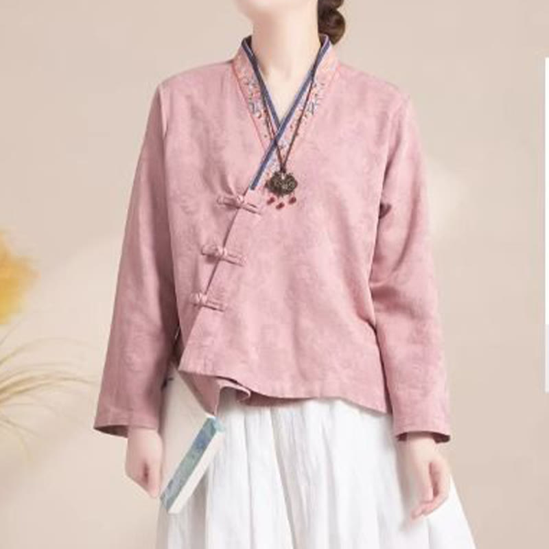 Chemise femme en coton à manches longues et boutons grenouille, motif fleurs brodées de Buddha Stones - image 2