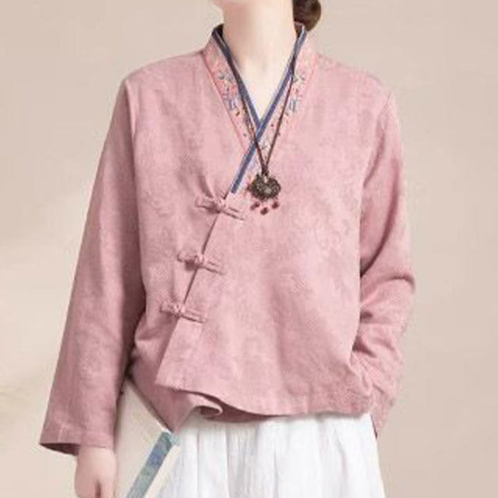 Chemise femme en coton à manches longues et boutons grenouille, motif fleurs brodées de Buddha Stones - image 1
